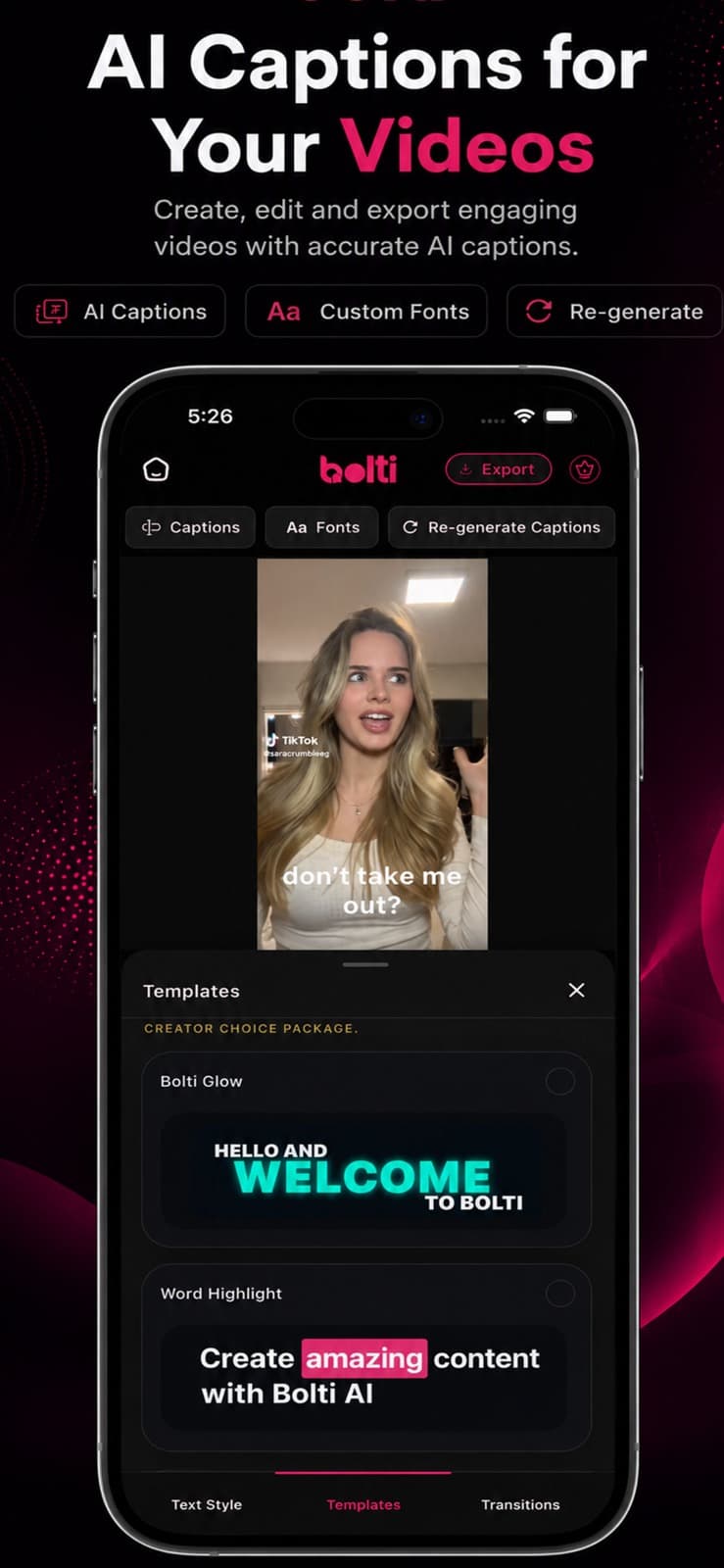 Bolti AI caption templates on mobile