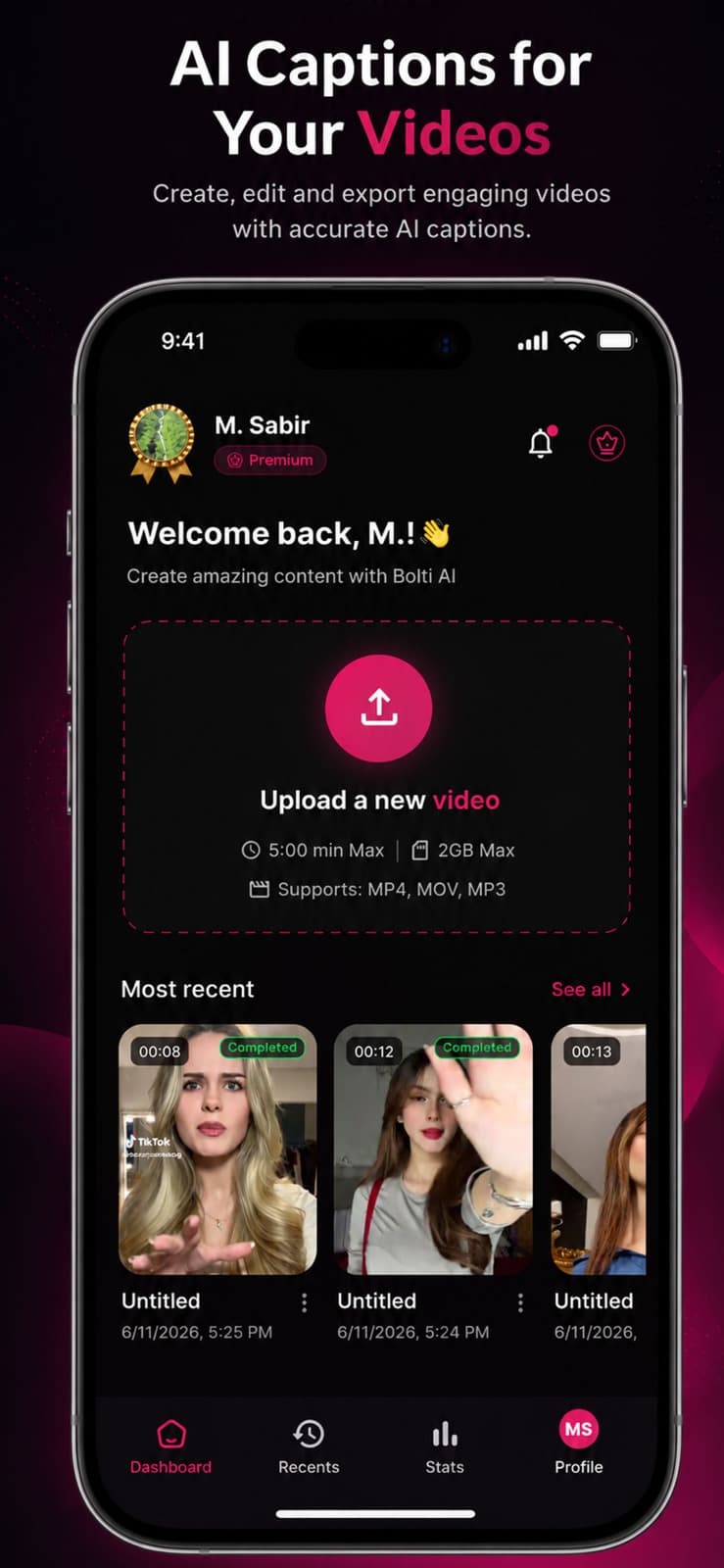 Bolti AI mobile dashboard and upload screen
